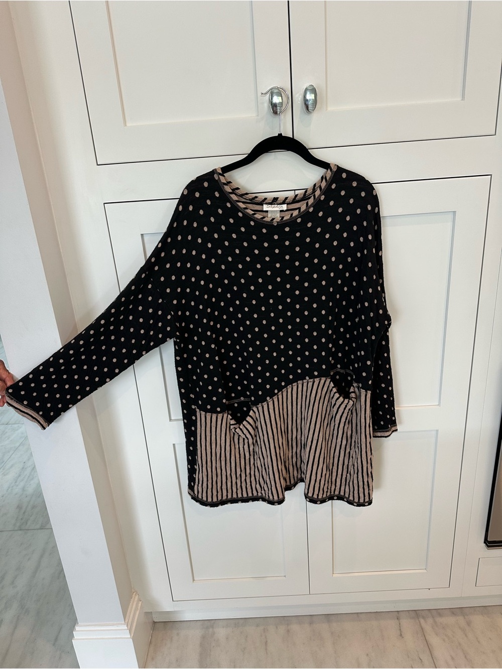 Women’s Black and Tan Polka Dot & Stripe Mixed-Print Top